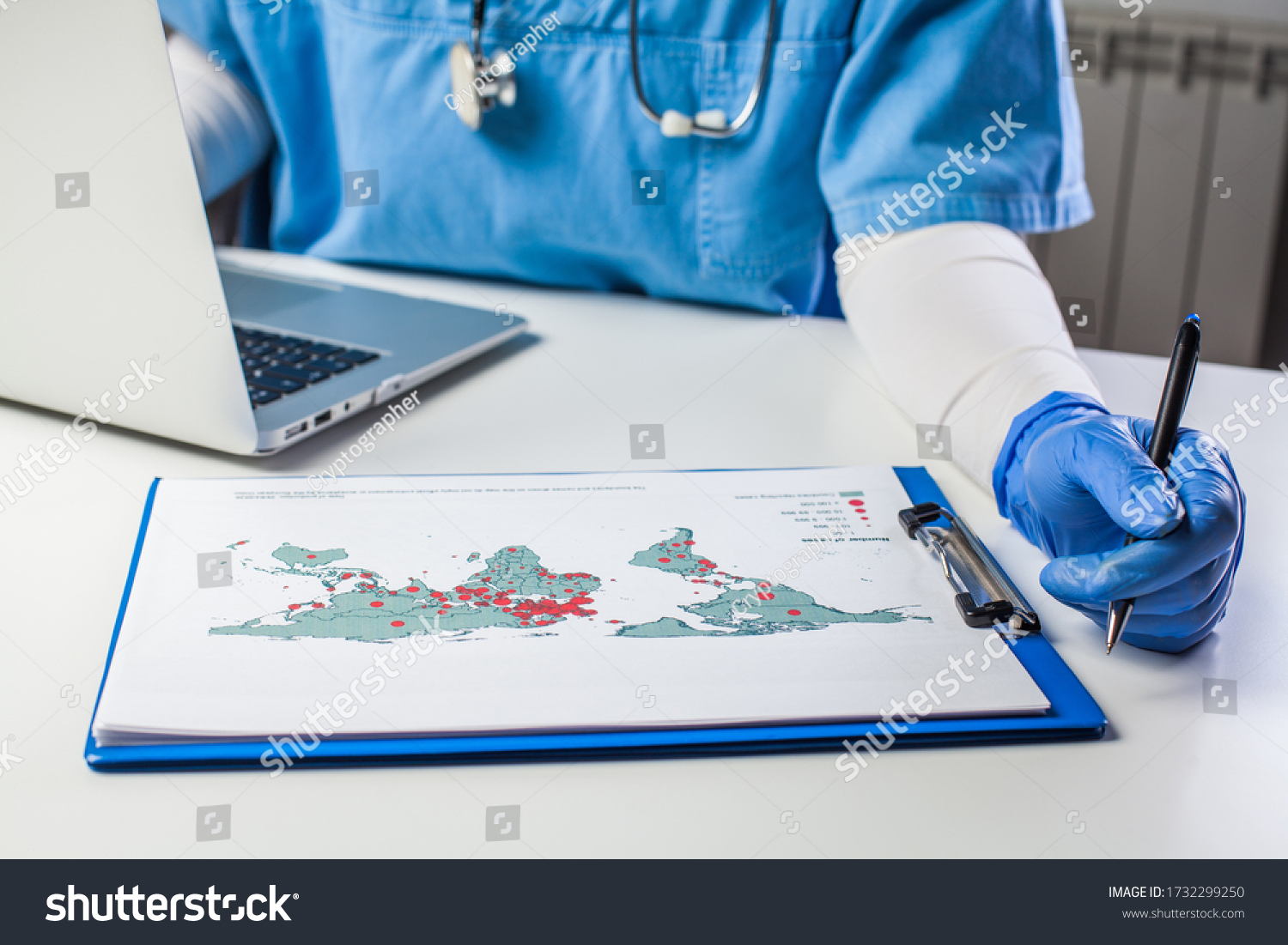 Medical worker analyzing COVID-19 world map,Coronavirus global pandemic outbreak crisis,stats showing worldwide number of infected patients,death toll and mortality rate,possible infection new wave #1732299250