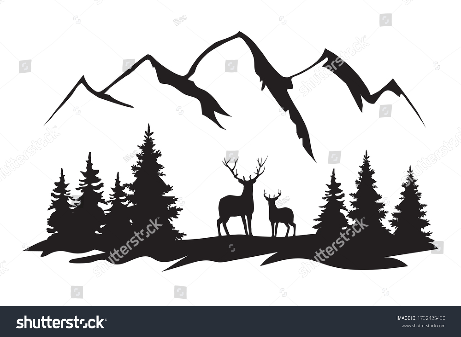 vector illustration of mountains, forest,deer. travel, camping, nature, wilderness background.  #1732425430