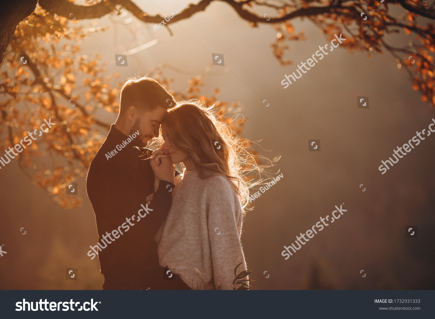 Stylish young couple in the autumn mountains. A guy and a girl hug together under a large old tree on a background of a forest and mountain peaks at sunset. #1732931333