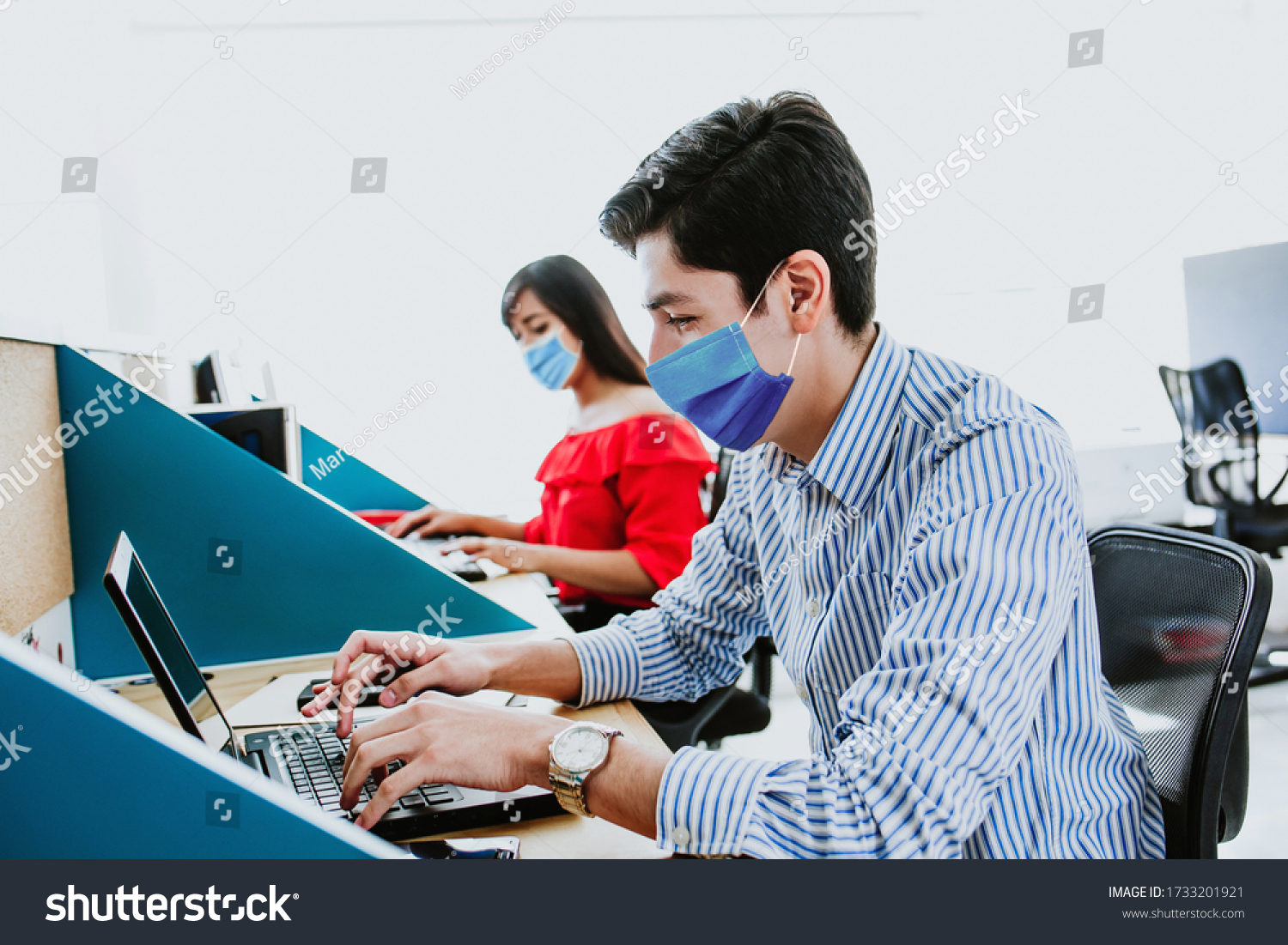 Latin People working in business office wearing medical face mask for social distancing in new normal situation protecting and preventing the infection of corona virus or covid-19 in Latin America  #1733201921