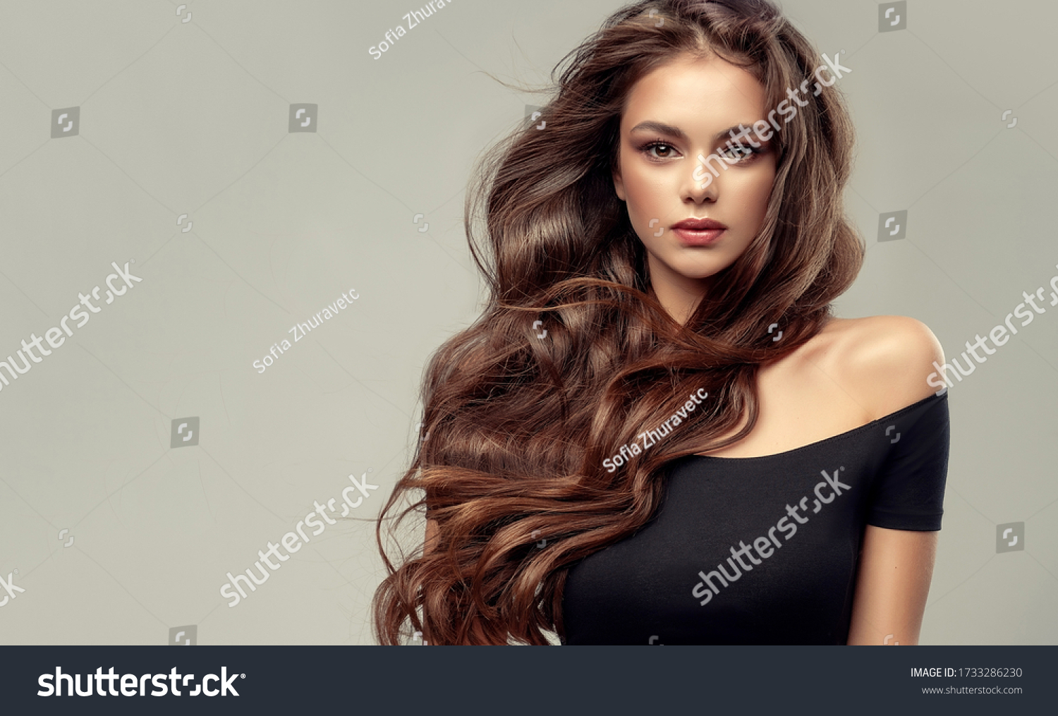 Brunette  girl with long , healthy and   shiny curly hair .  Beautiful  model woman  with wavy hairstyle   .Care and beauty
 #1733286230