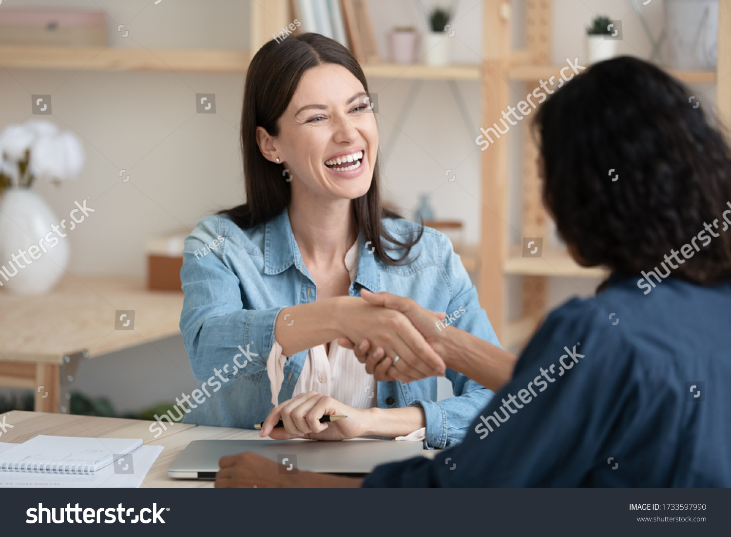 Close up smiling young businesswoman shaking hands with job seeker. Happy successful female manager making deal with new candidate. Professional employee with cv greeting applicant. #1733597990