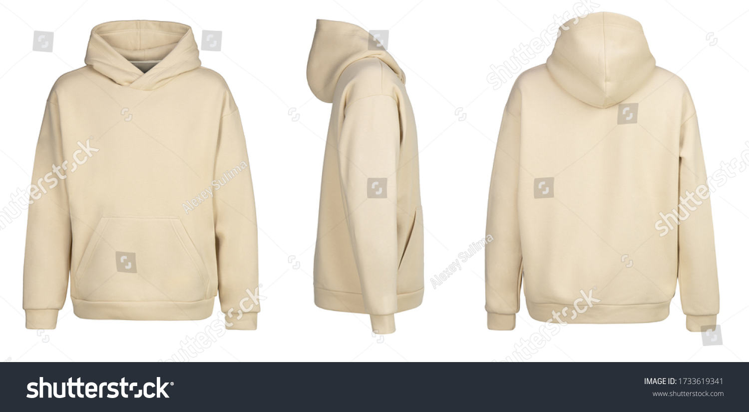 Beige hoodie template. Hoodie sweatshirt long sleeve with clipping path, hoody for design mockup for print, isolated on white background. #1733619341