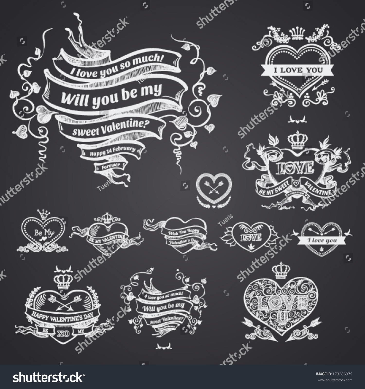 Valentine's day card concept. Set of vintage hearts. Vector vintage baroque engraving floral scroll filigree design. #173366975