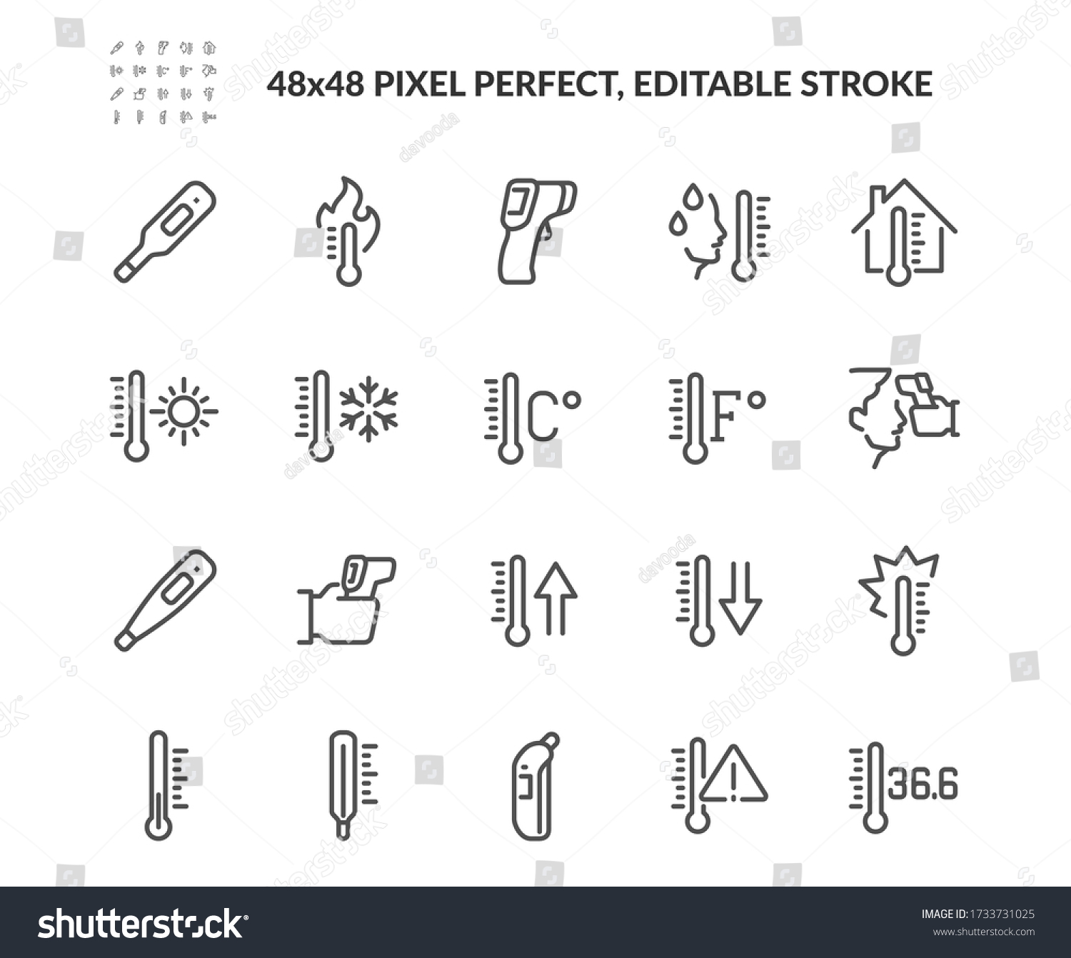 Simple Set of Temperature Related Vector Line Icons. Contains such Icons as Thermometer, Pyrometer, Body Temperature Check and more. Editable Stroke. 48x48 Pixel Perfect. #1733731025