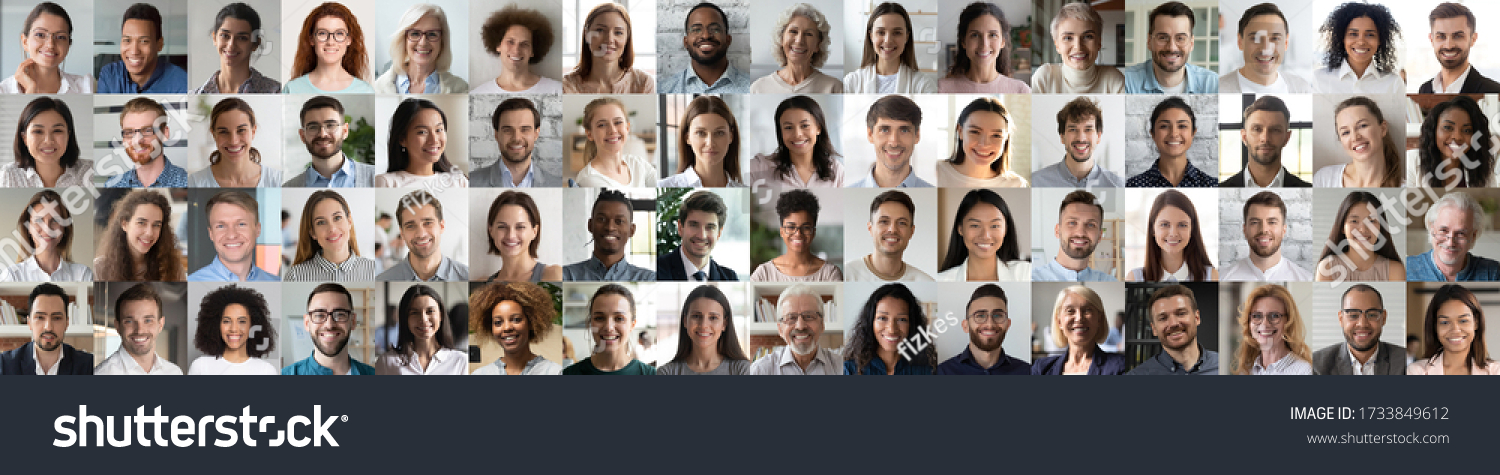 Multi ethnic people of different age looking at camera collage mosaic horizontal banner. Many lot of multiracial business people group smiling faces headshot portraits. Wide panoramic header design.