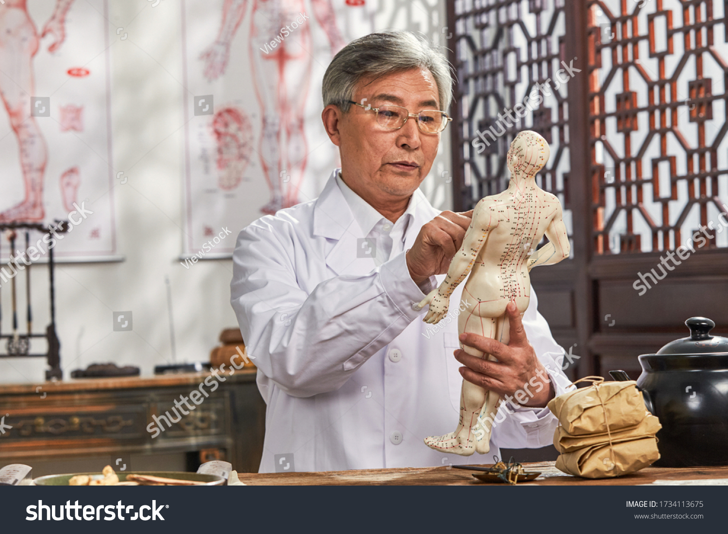 The old doctor of traditional Chinese medicine research model of the human body acupuncture point #1734113675