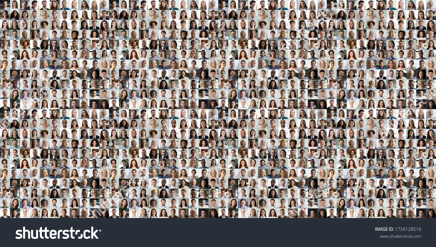 Hundreds of multiracial people crowd portraits headshots collection, collage mosaic. Many lot of multicultural different male and female smiling faces looking at camera. Diversity and society concept. #1734128516