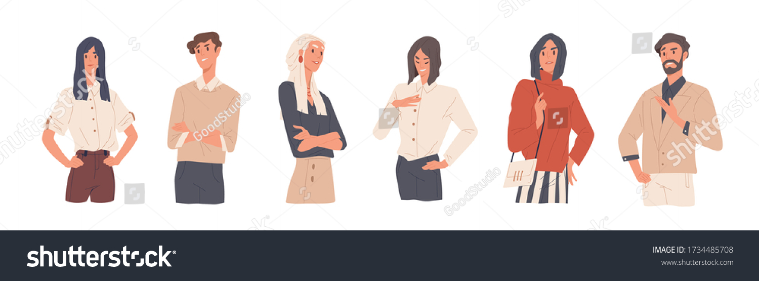 Set of man and woman with arrogant face expression vector flat illustration. Collection of colorful annoying selfish persons isolated on white background. Stylish self-confident people #1734485708