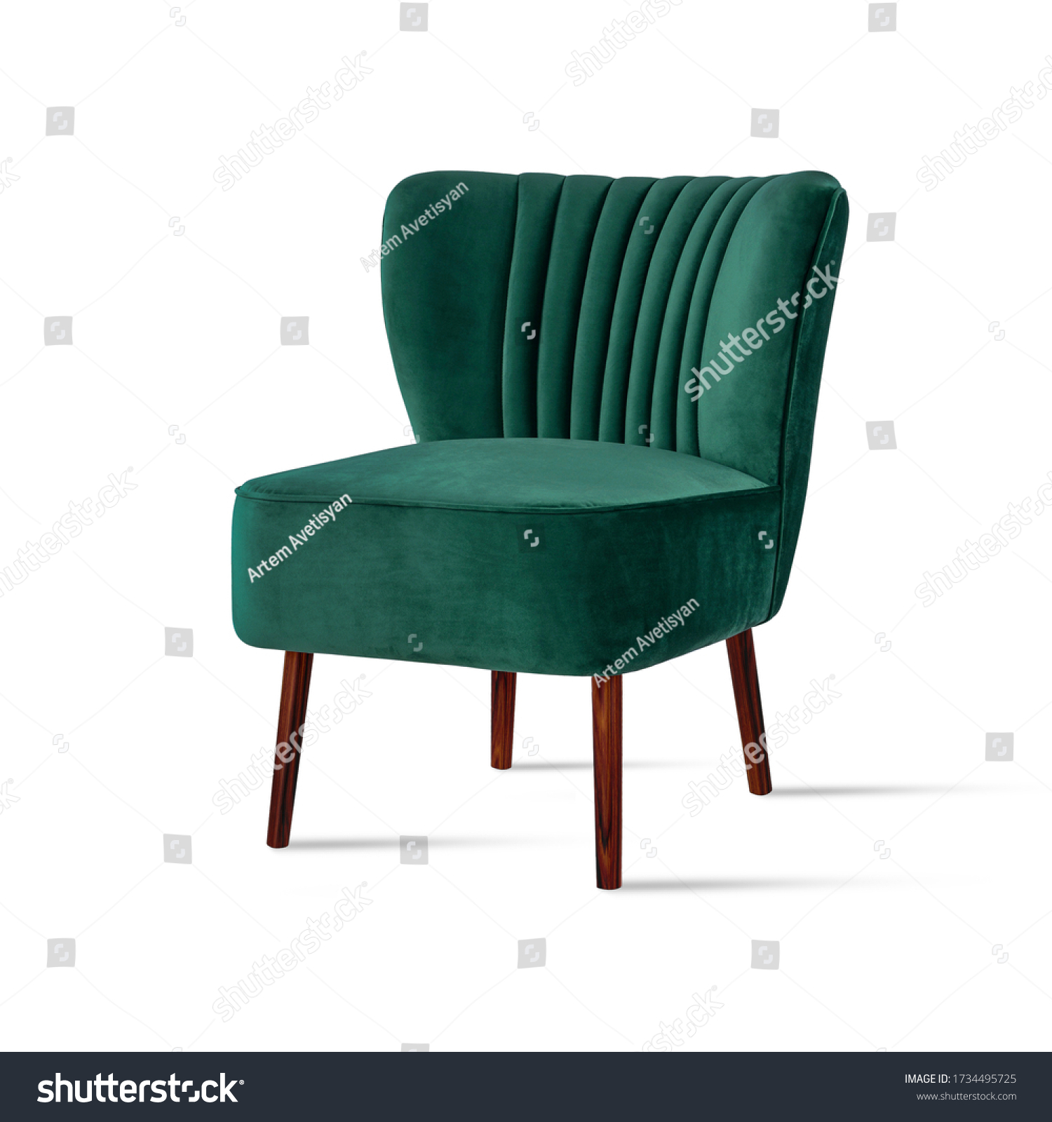 Classic armchair art deco style in turquoise velvet with wooden legs isolated on white background. Front view, grey shadow. Series of furniture #1734495725