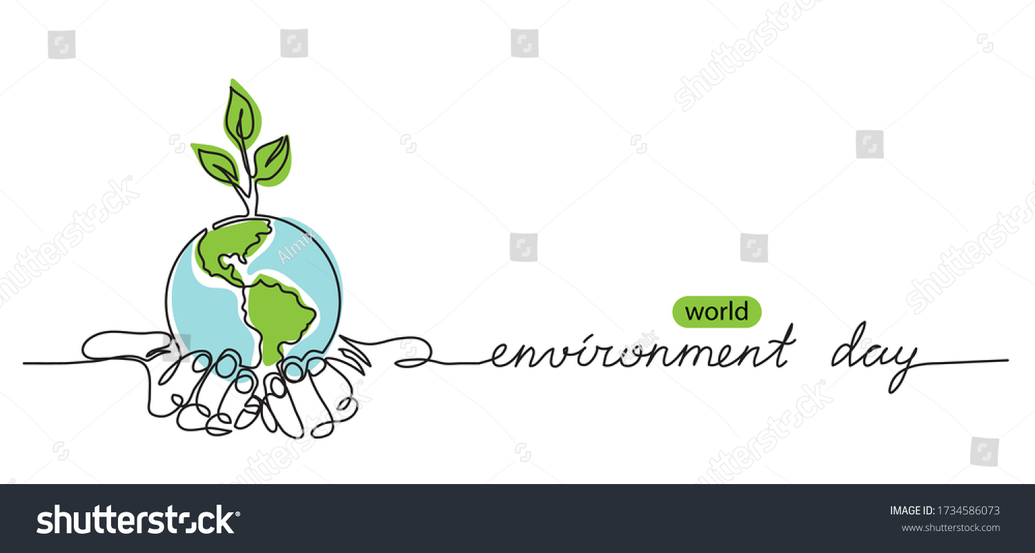 World environment day minimalist vector background with earth in hands and plant. One continuous line drawing. Poster, banner, background with lettering environment day. #1734586073