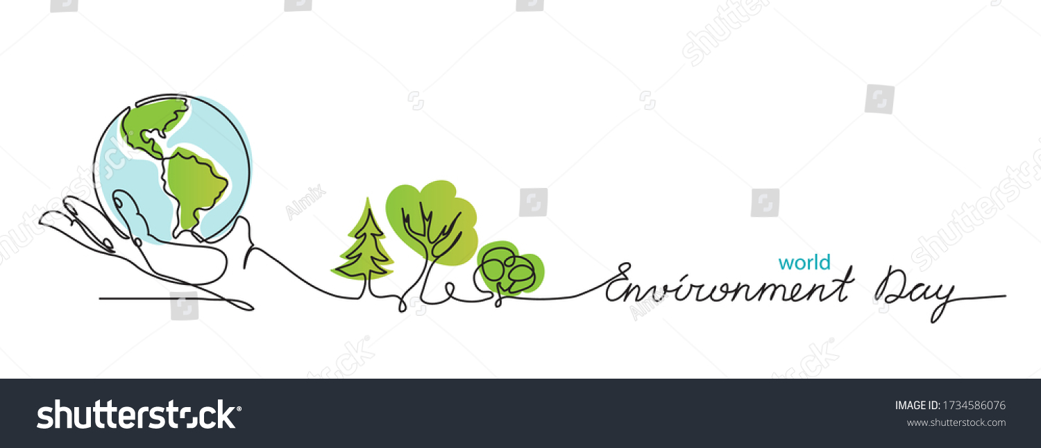 World environment day simple vector web banner, poster with earth and trees. One continuous line drawing. Minimalist banner, illustration with lettering environment day. #1734586076