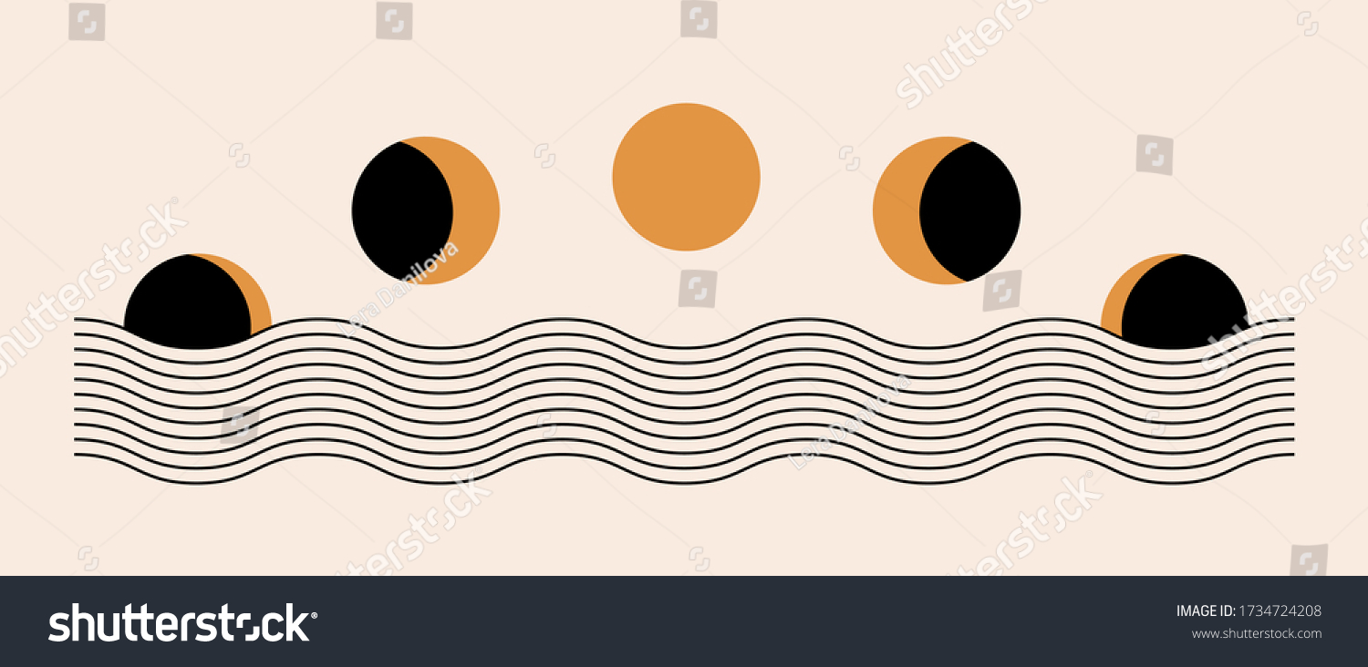 Abstract contemporary aesthetic background with Moon phases, geometric waves. Black and golden colors. Boho wall decor. Mid century modern minimalist art print. Organic natural shape. Magic concept.  #1734724208