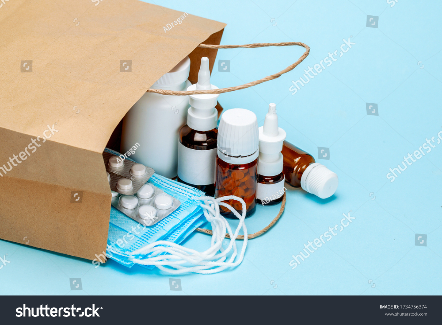 Order medicines online and delivery. Pack of medicines, pills and masks. #1734756374