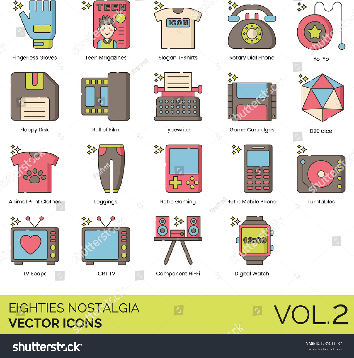 Eighties nostalgia icons including fingerless - Royalty Free Stock ...