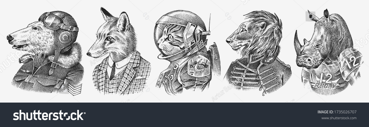 Fox and Rhino dressed up in Suit. Cat astronaut or Spaceman. Lion and Polar bear. Fashion Animal characters set. Hand drawn sketch. Vector engraved illustration for label, logo and T-shirts or tattoo. #1735026707