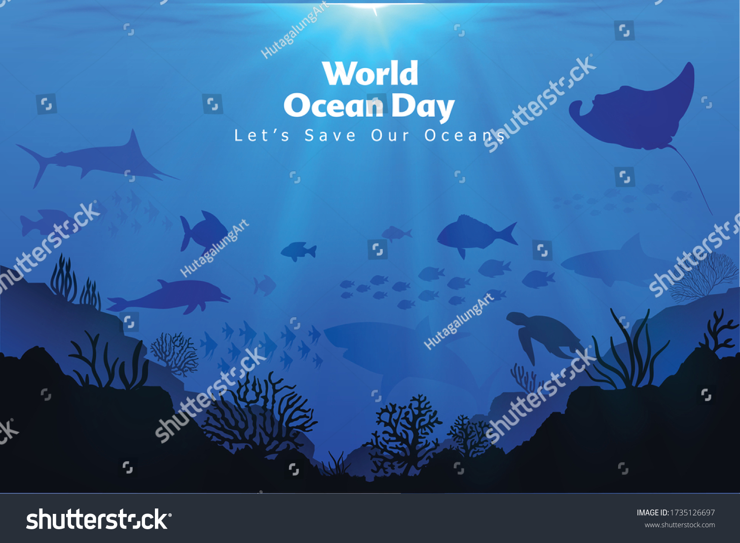 Let's save our oceans. World oceans day design with underwater ocean, dolphin, shark, coral, sea plants, stingray and turtle #1735126697