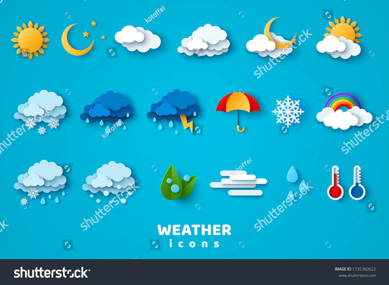 Paper cut weather icons set on blue background. Vector illustration. White clouds, dew on leaves, fog sign, day and night for forecast design. Winter and summer symbols, sun and thunderstorm stickers.