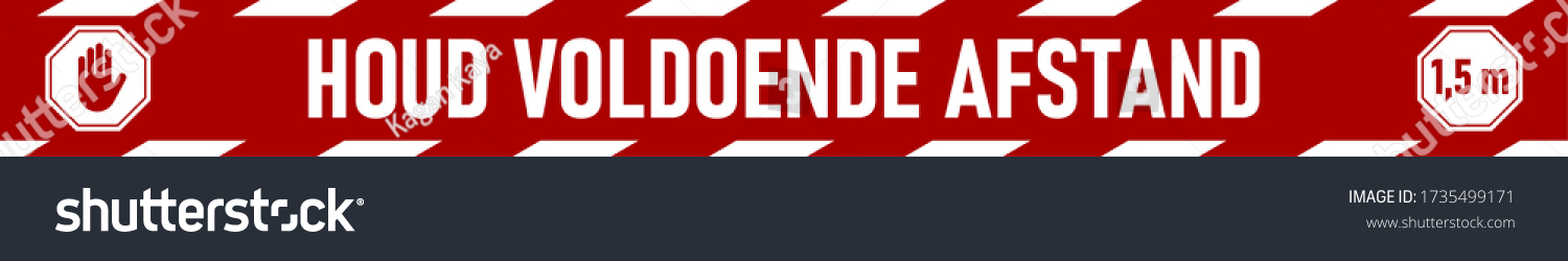 Houd Voldoende Afstand ("Keep Sufficient Distance" in Dutch) 1,5 m or 1,5 Metres Social Distancing Floor Marking Security Stripe Tape Icon with an Aspect Ratio of 10:1. Vector Image. #1735499171