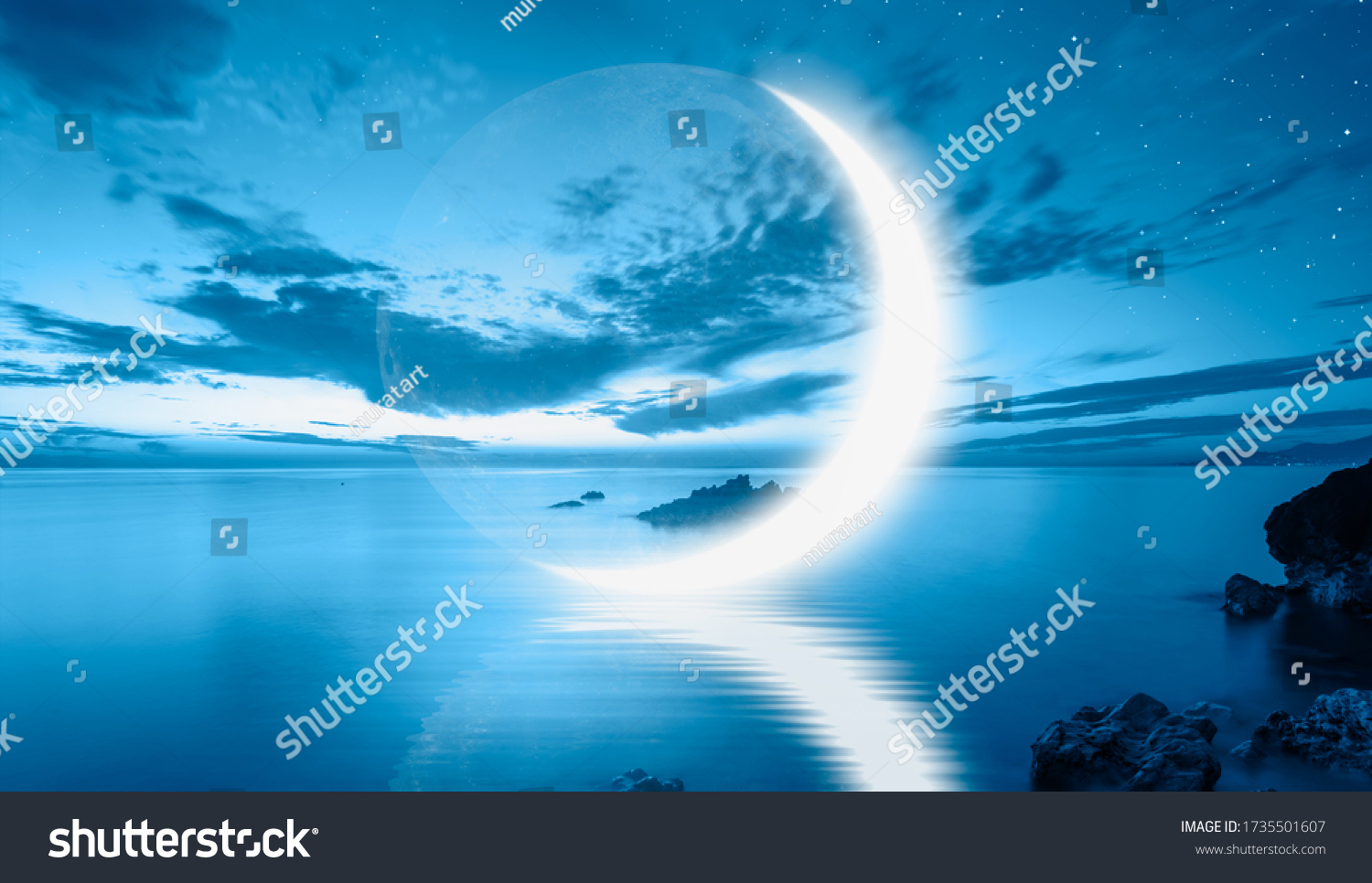Abstract blue background with crescent moon over the sea,  lot of stars in the background at night  #1735501607