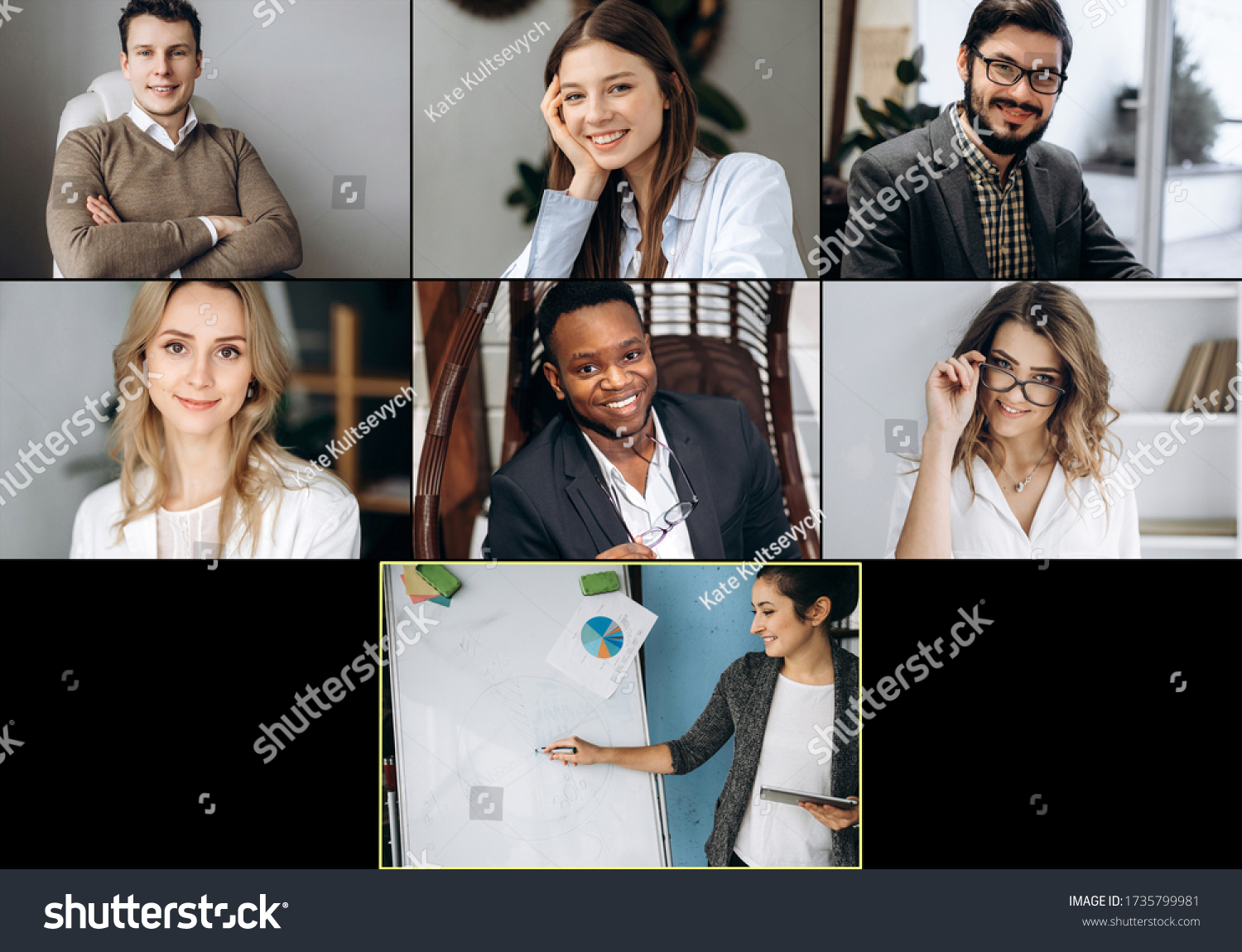 Online learning. Group online learning by video conference. The teacher teaches his students remotely. View of people on screen of a laptop #1735799981