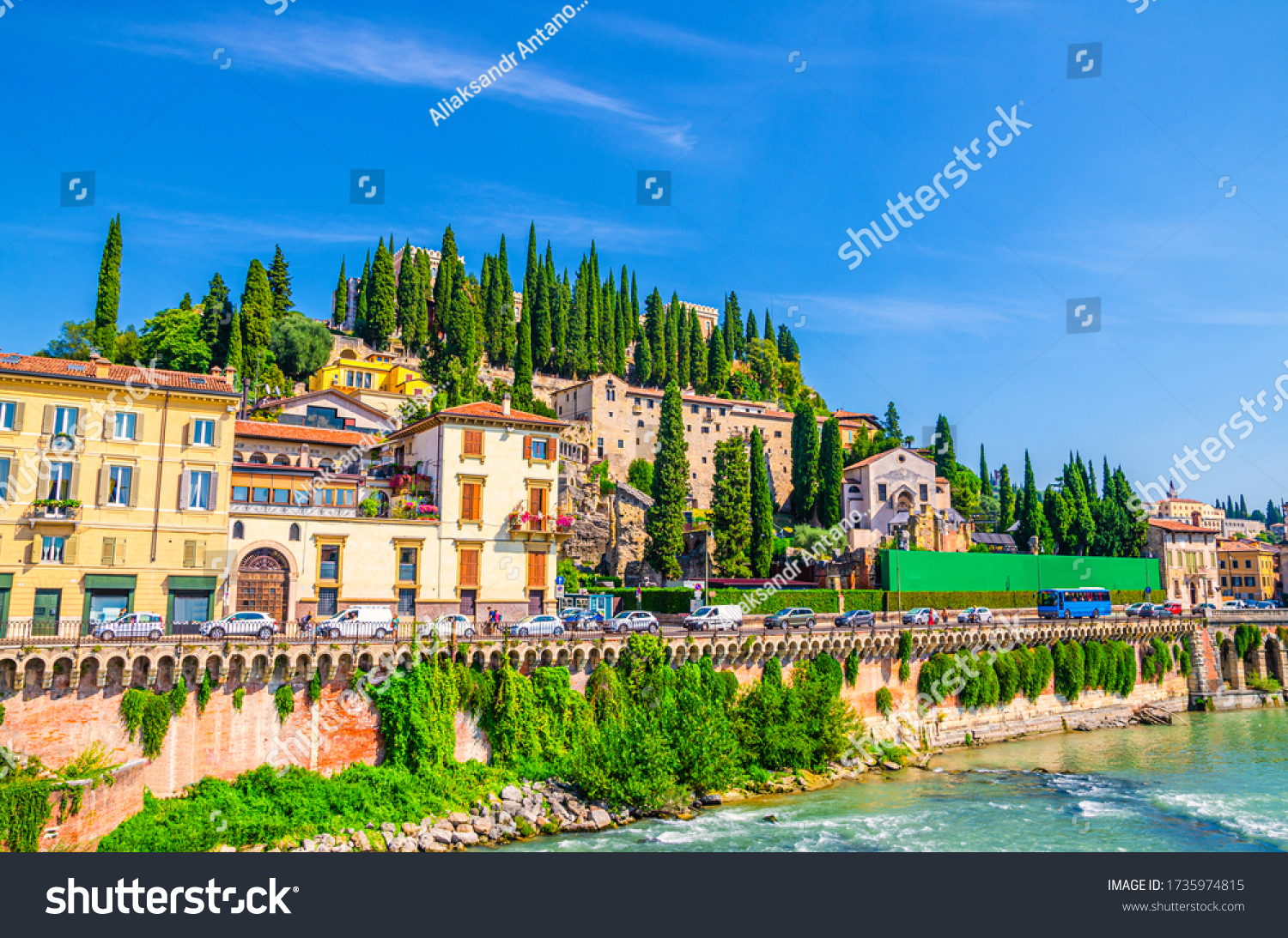 Castel San Pietro St. Peter Castle, Museo Archeologico, Convento di San Girolamo on hill with cypress trees and Adige river in Verona city historical centre, blue sky, Veneto Region, Northern Italy #1735974815