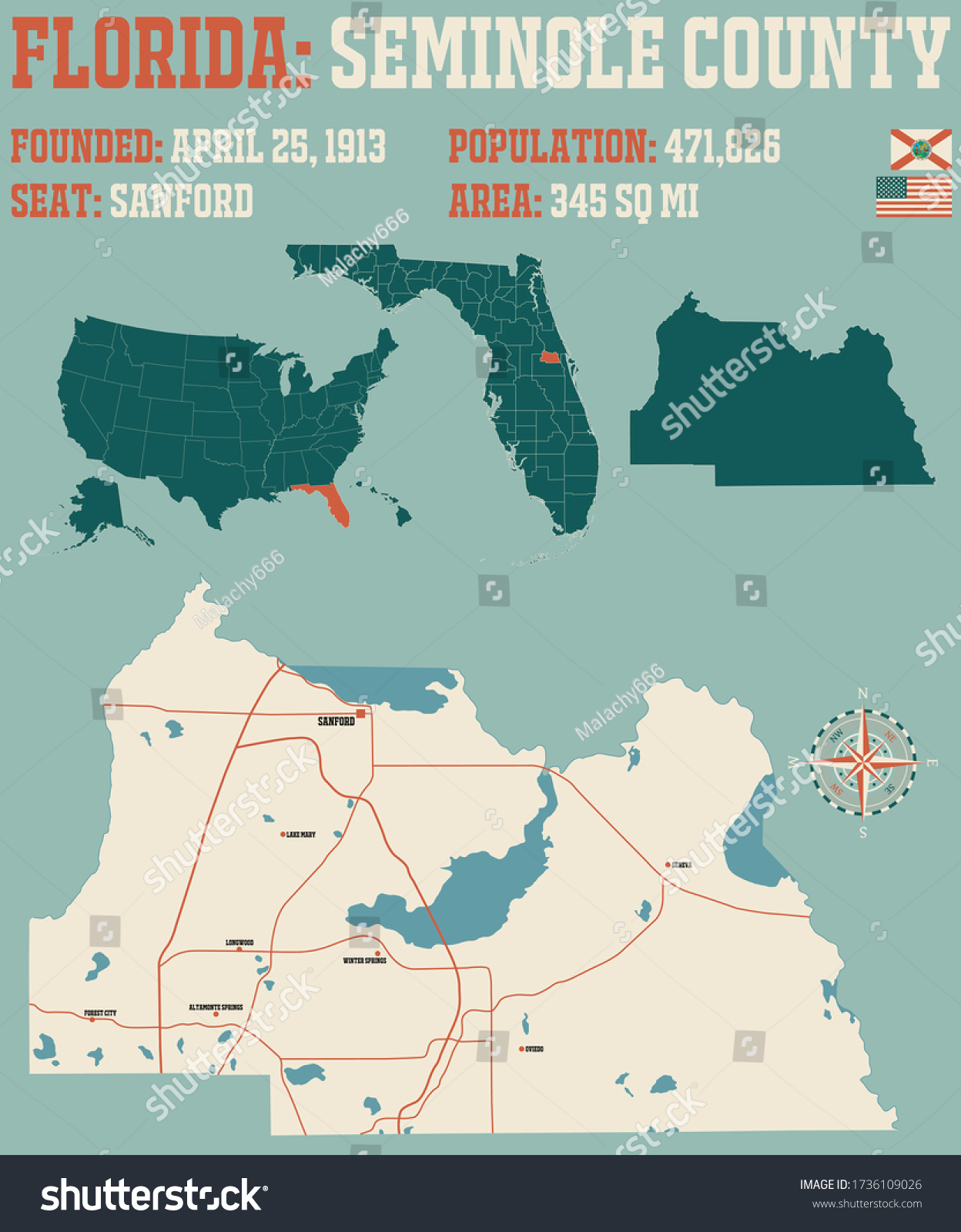 Large and detailed map of Seminole county in - Royalty Free Stock ...