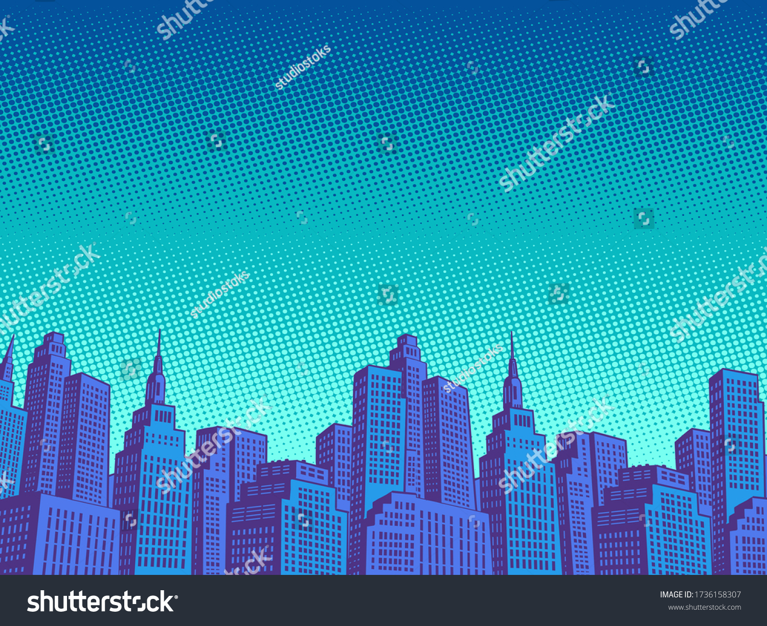 night modern city with skyscrapers. Pop art retro vector illustration vitch vintage 50s 60s style #1736158307