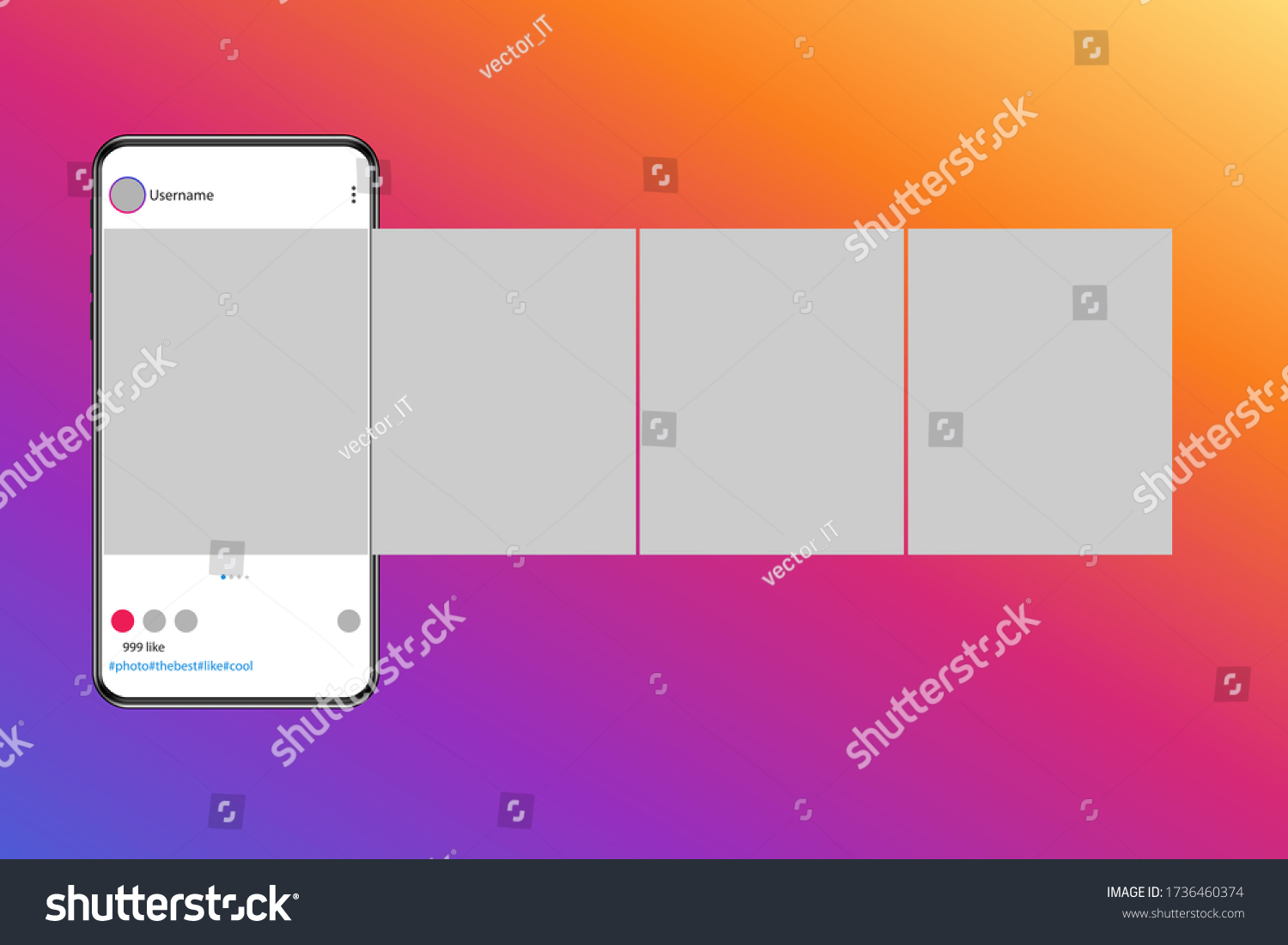 Carousel post on social network. Photo frame. Interface in popular social networks. Vector illustration.  #1736460374