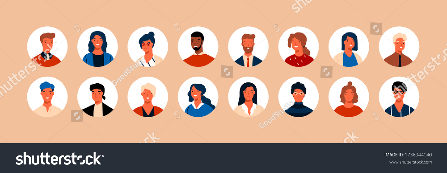 Set different person portrait of big diverse business team vector flat illustration. Collection of people avatars isolated. Bundle of joyful smiling colleagues. Man and woman faces at round frame #1736944040