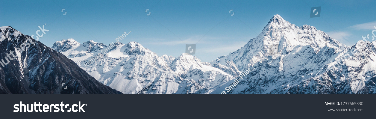 Snowy Mountain Peaks, Large High Altitude Mountains With Blue Sky Background, New Zealand Landscape, Close Up Mountains, Snow Capped Peak, Winter Landscape, Snow Background. #1737665330