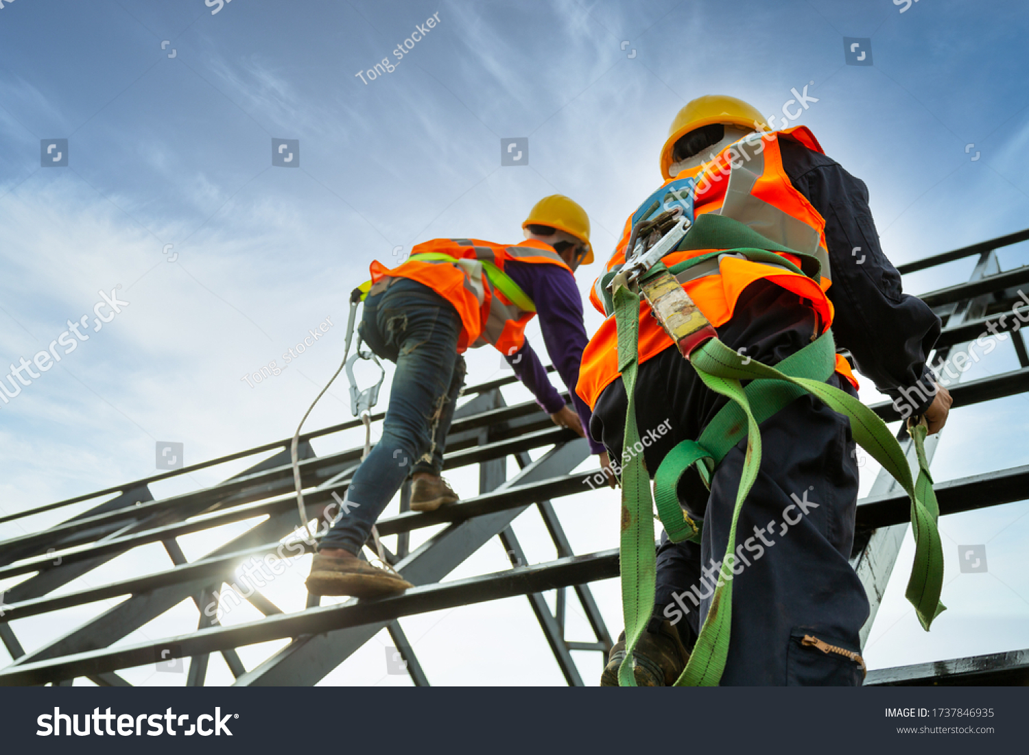 Safety body construction, Working at height equipment. Fall arrestor device for worker with hooks for safety body harness on the roof structure #1737846935