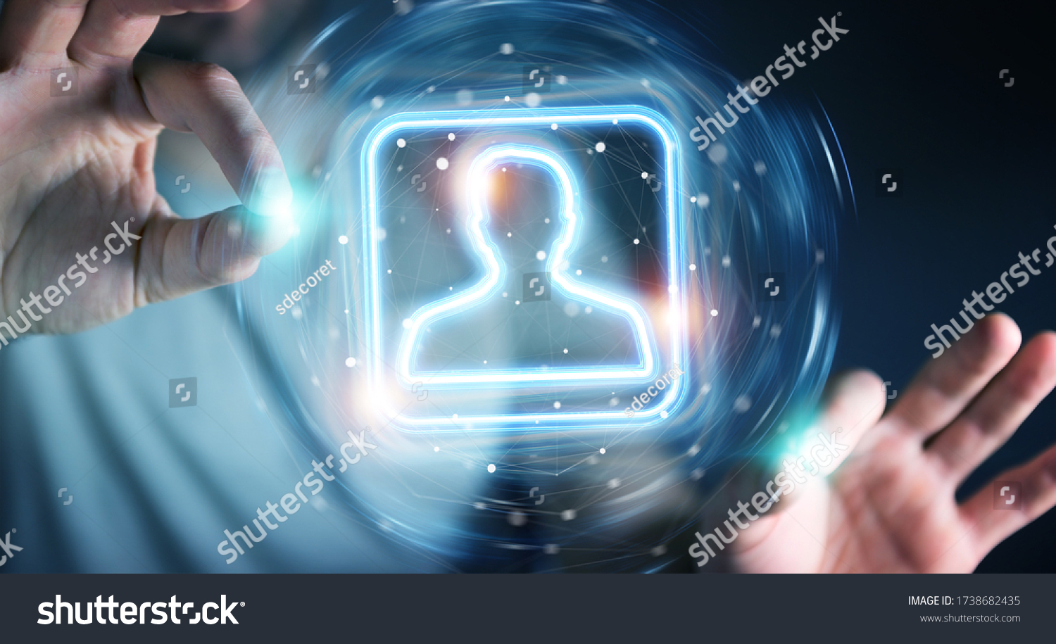 Man on dark background using digital blue holographic user interface 3D rendering #1738682435