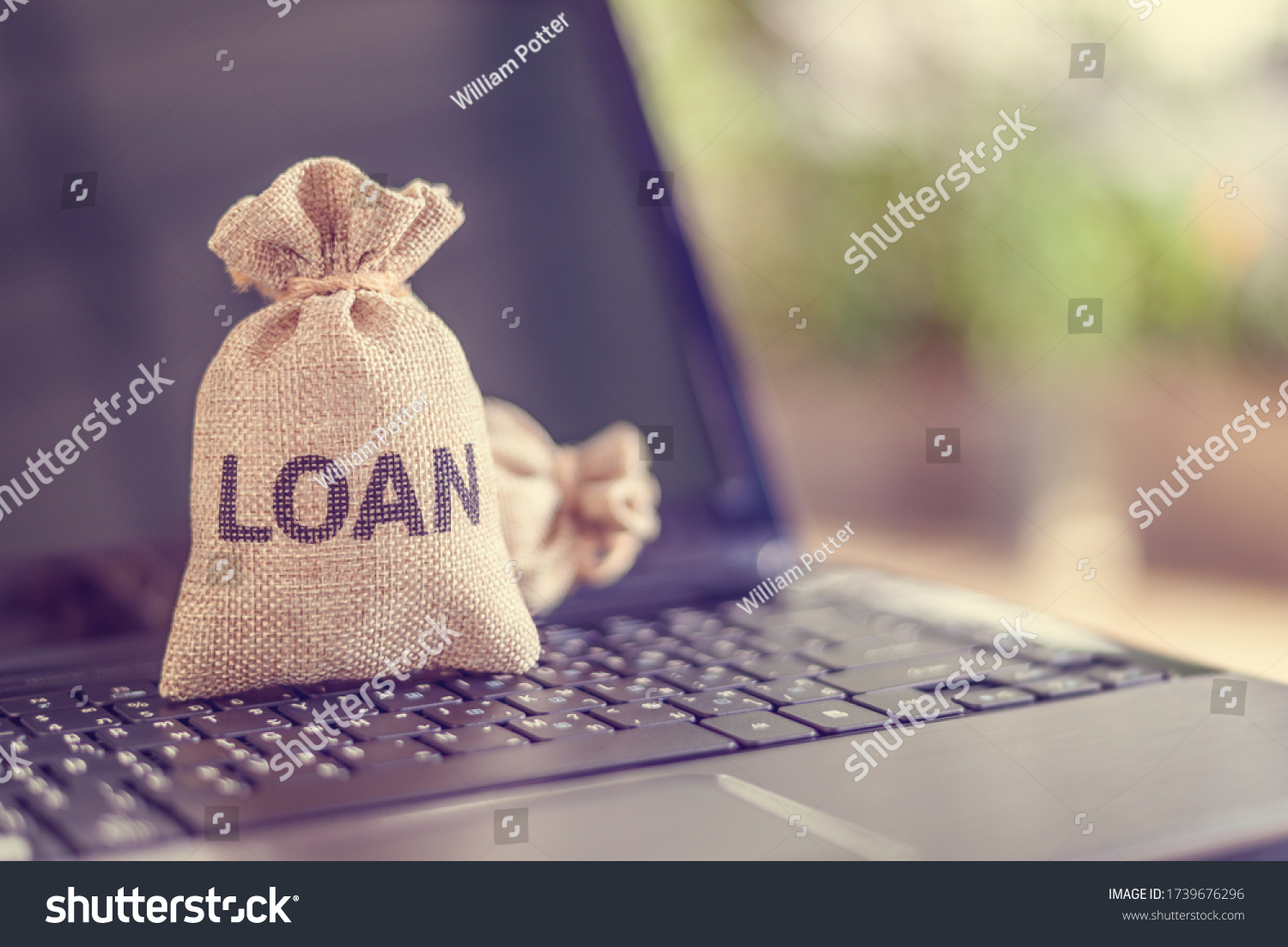 Online personal loan, financial concept : Loan bags on a laptop, depicting peer-to-peer lending, the practice of lending money to individual or business via online service among lenders and borrowers #1739676296