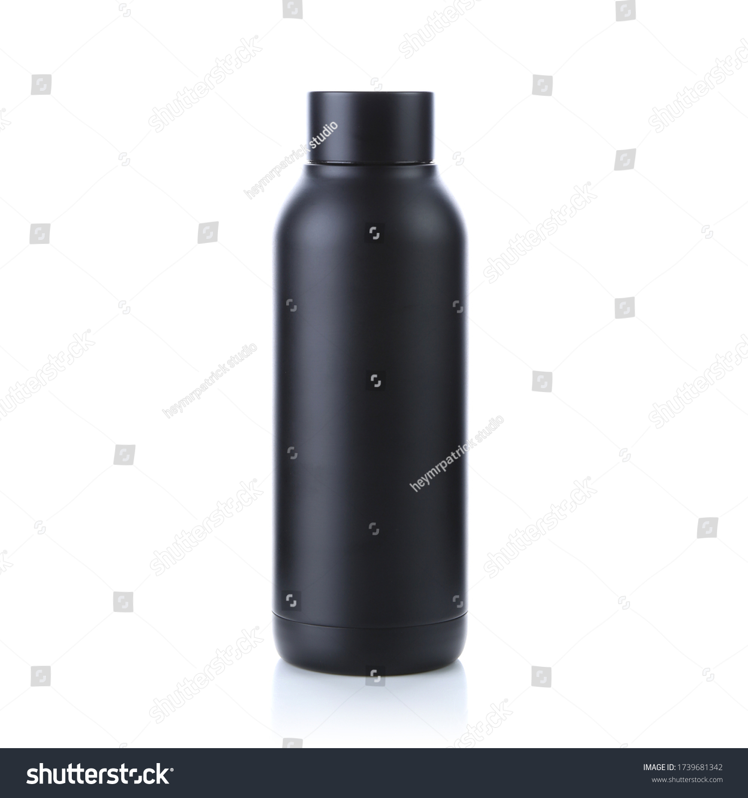 Blank black trendy closed travel flask. Empty traveler bottle & drink container template isolated on white background. Thermo mug for hot or cold beverage, water, tea & coffee. For mockup & branding. #1739681342