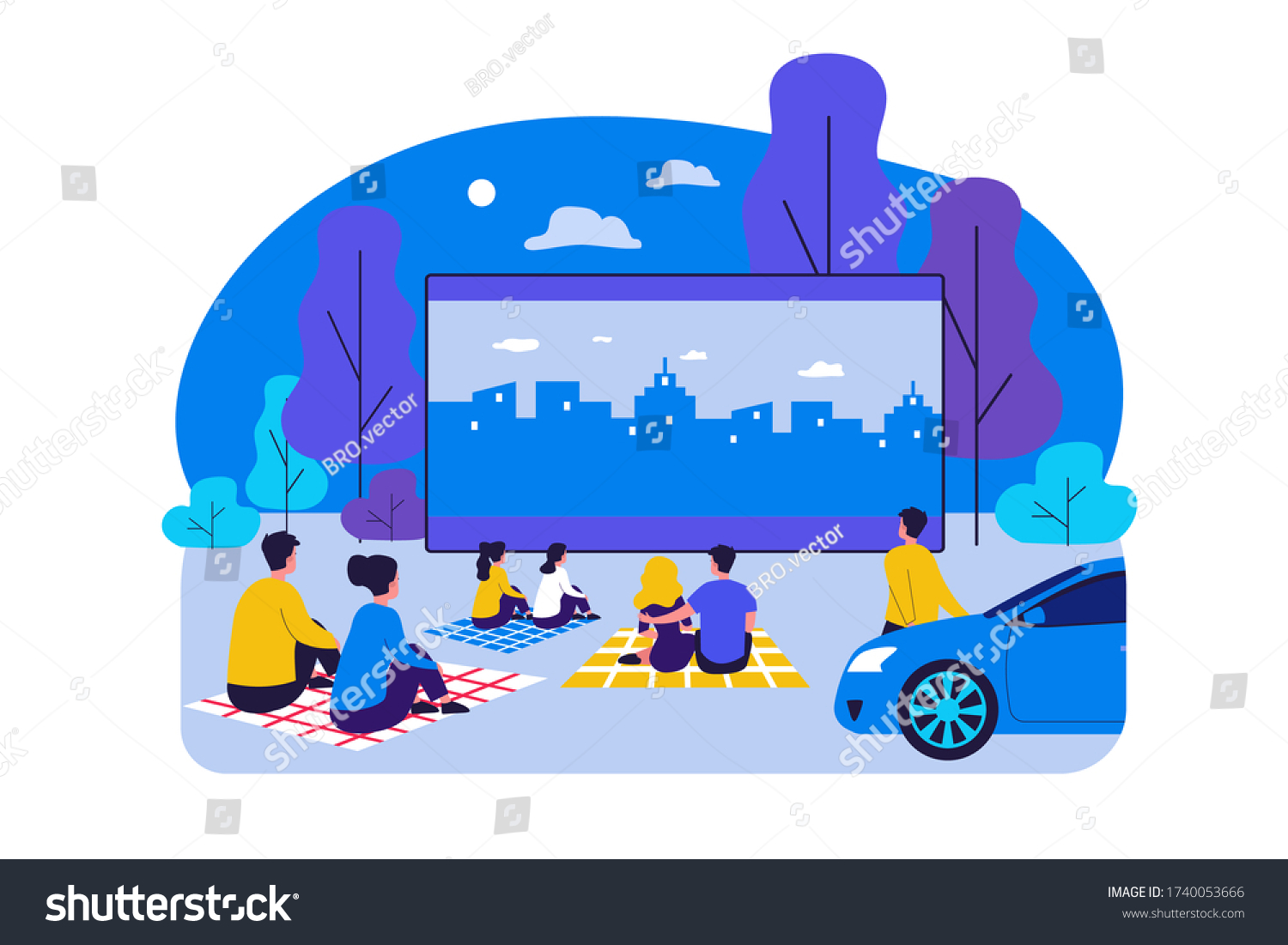 Outdoor cinema theater big screen. Friends and dating couples watching open air movie at night. Vector illustration for evening leisure, vacation, weekend concept #1740053666
