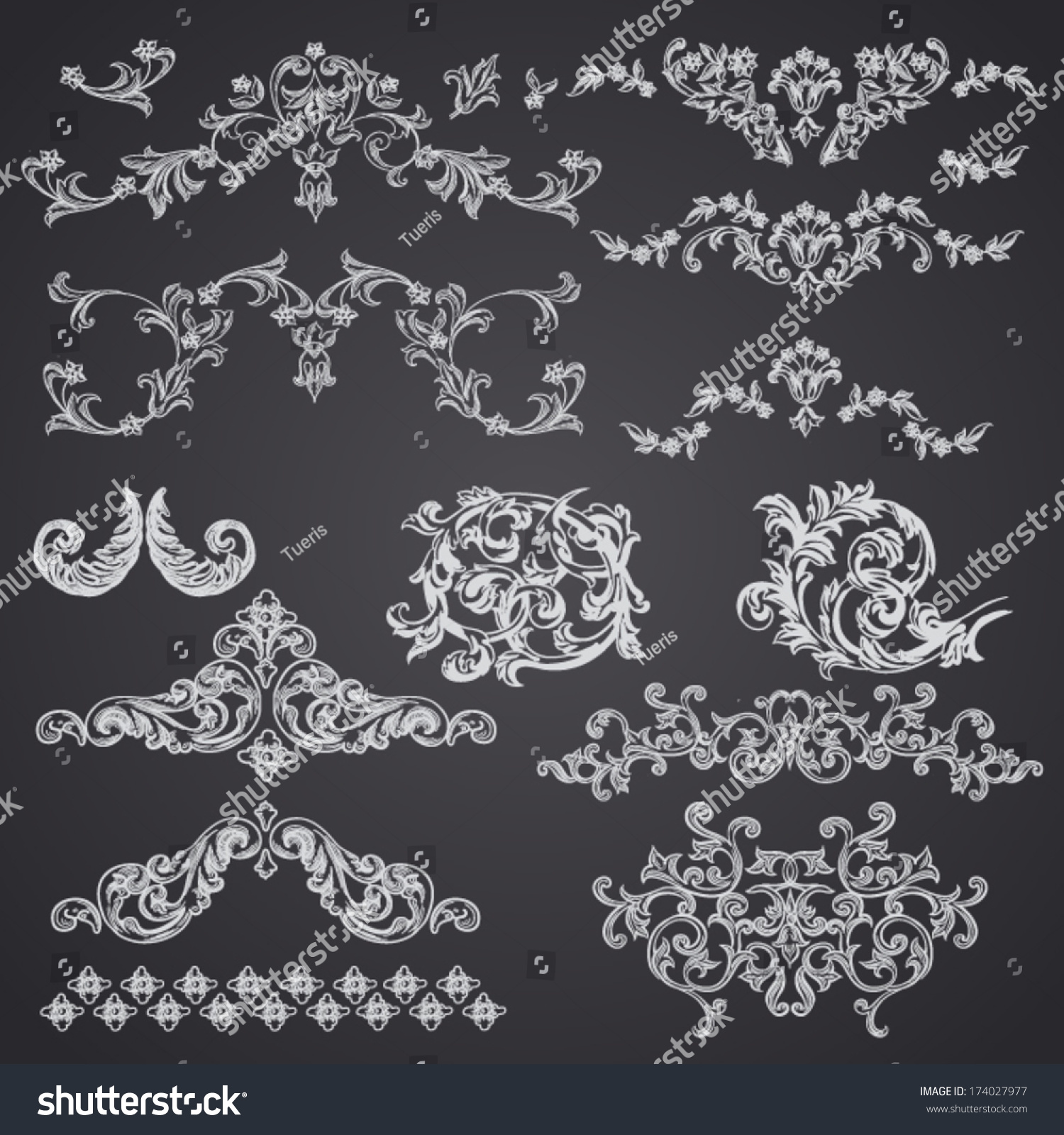 Vector vintage baroque engraving floral scroll filigree design #174027977