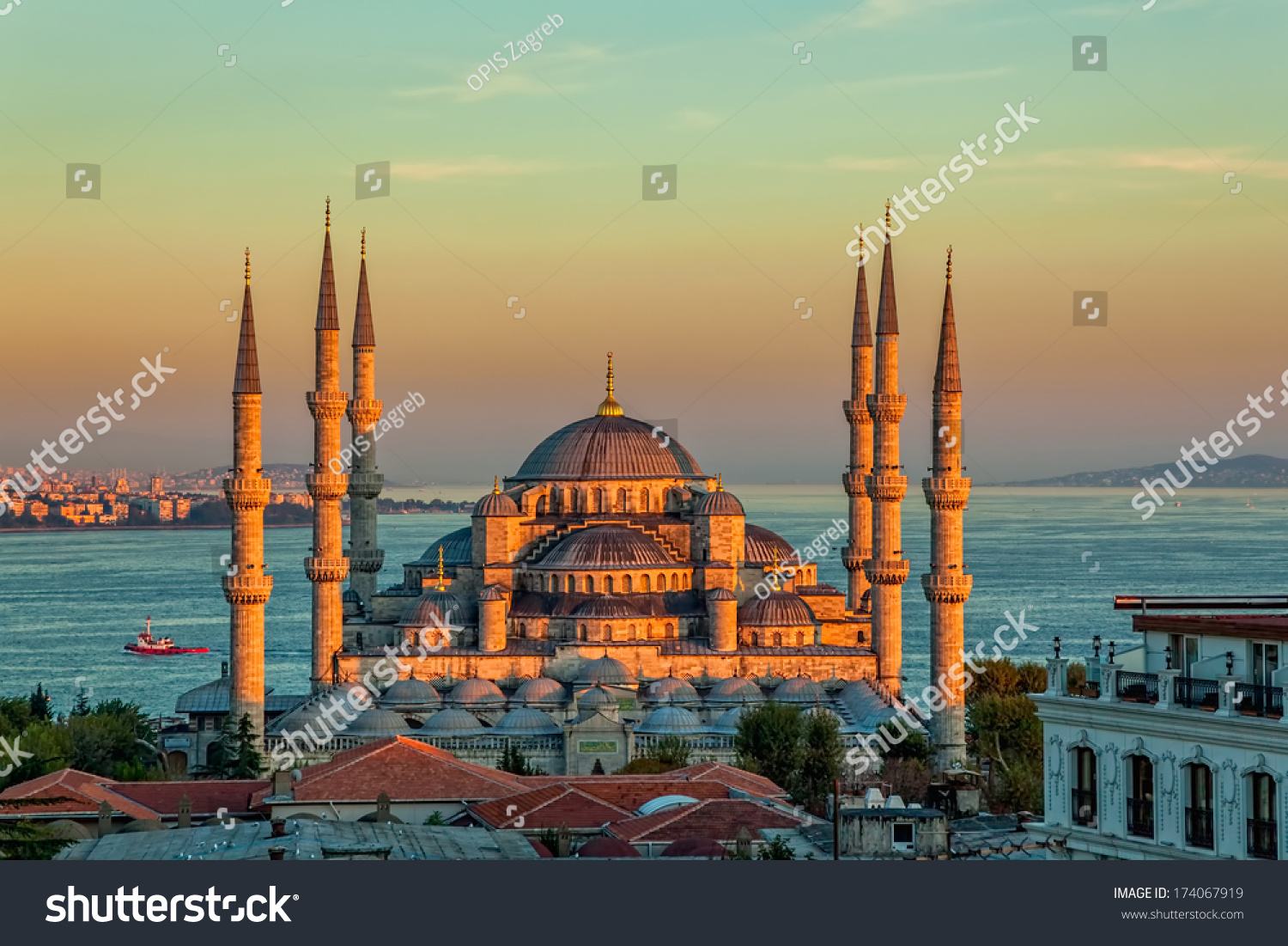 Blue mosque in glorius sunset, Istanbul, Sultanahmet park. The biggest mosque in Istanbul of Sultan Ahmed (Ottoman Empire). #174067919