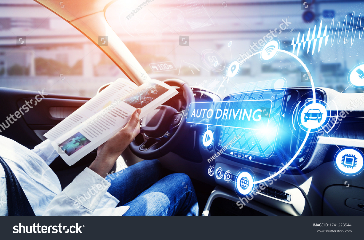 young woman reading a magazine in a autonomous car. driverless car. self-driving vehicle. heads up display. automotive technology. #1741228544