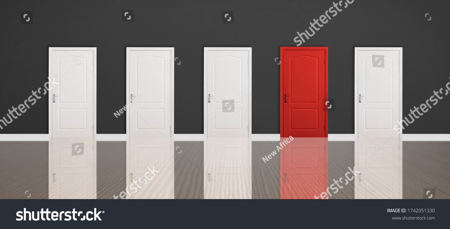 Red door among white ones in room. Concept of choice #1742051330