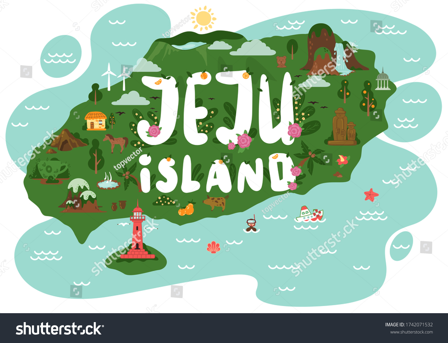 Welcome to Jeju island. Jeju tourist attractions such as hallim park, tourism diving, udo island lighthouse park, dolharubang, thatched house, dive tour. Jeju island in South Korea. Vector flat #1742071532