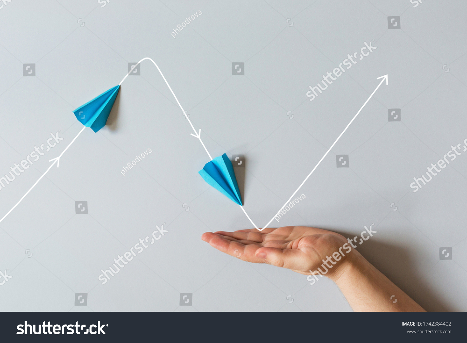 concept of small business support. graph of of economic crisis, stagnation and recovery with help of state. paper plane flies up, falls down. #1742384402