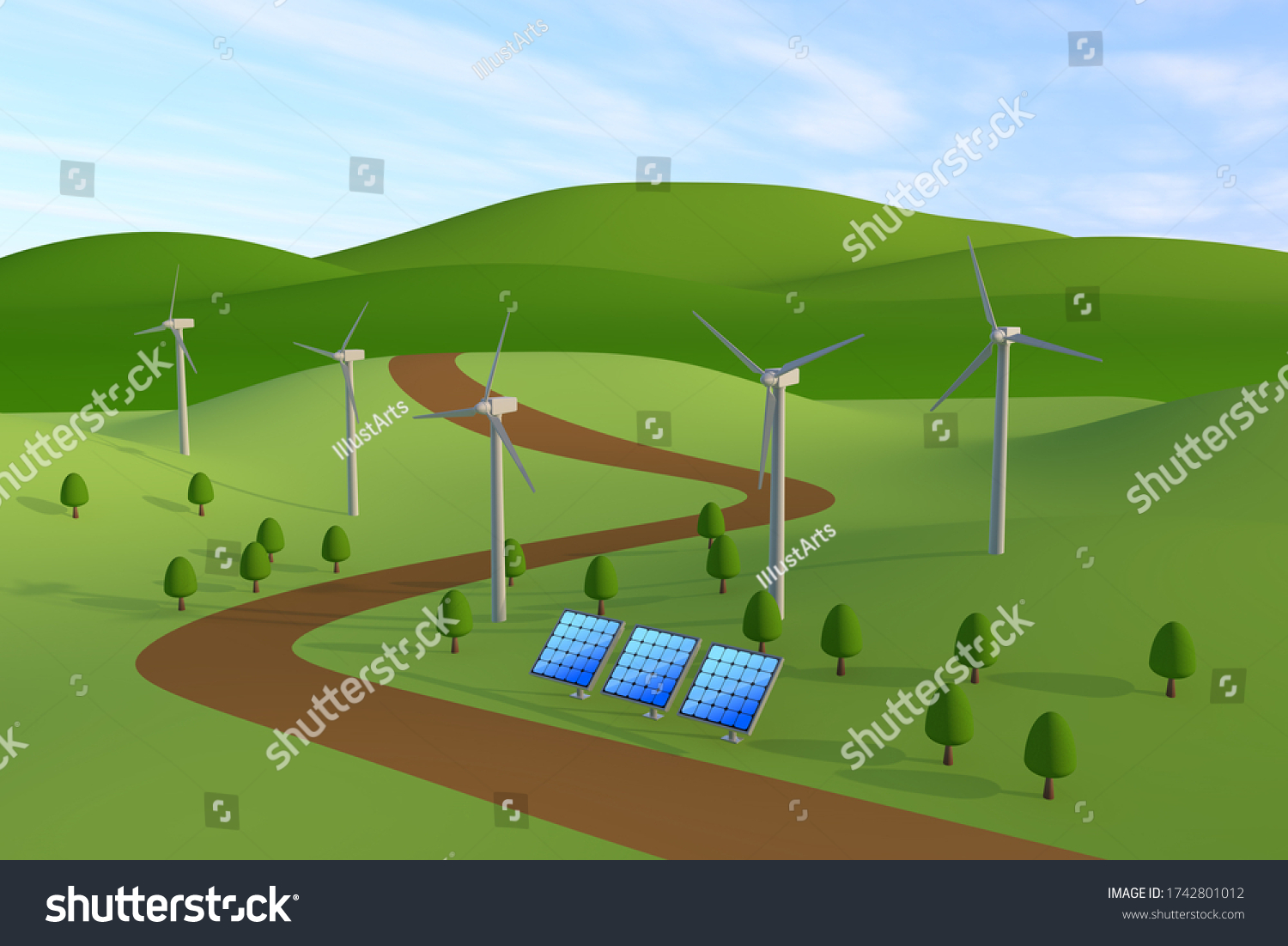 Solar panels and wind turbines. Nature and sky. - Royalty Free Stock ...