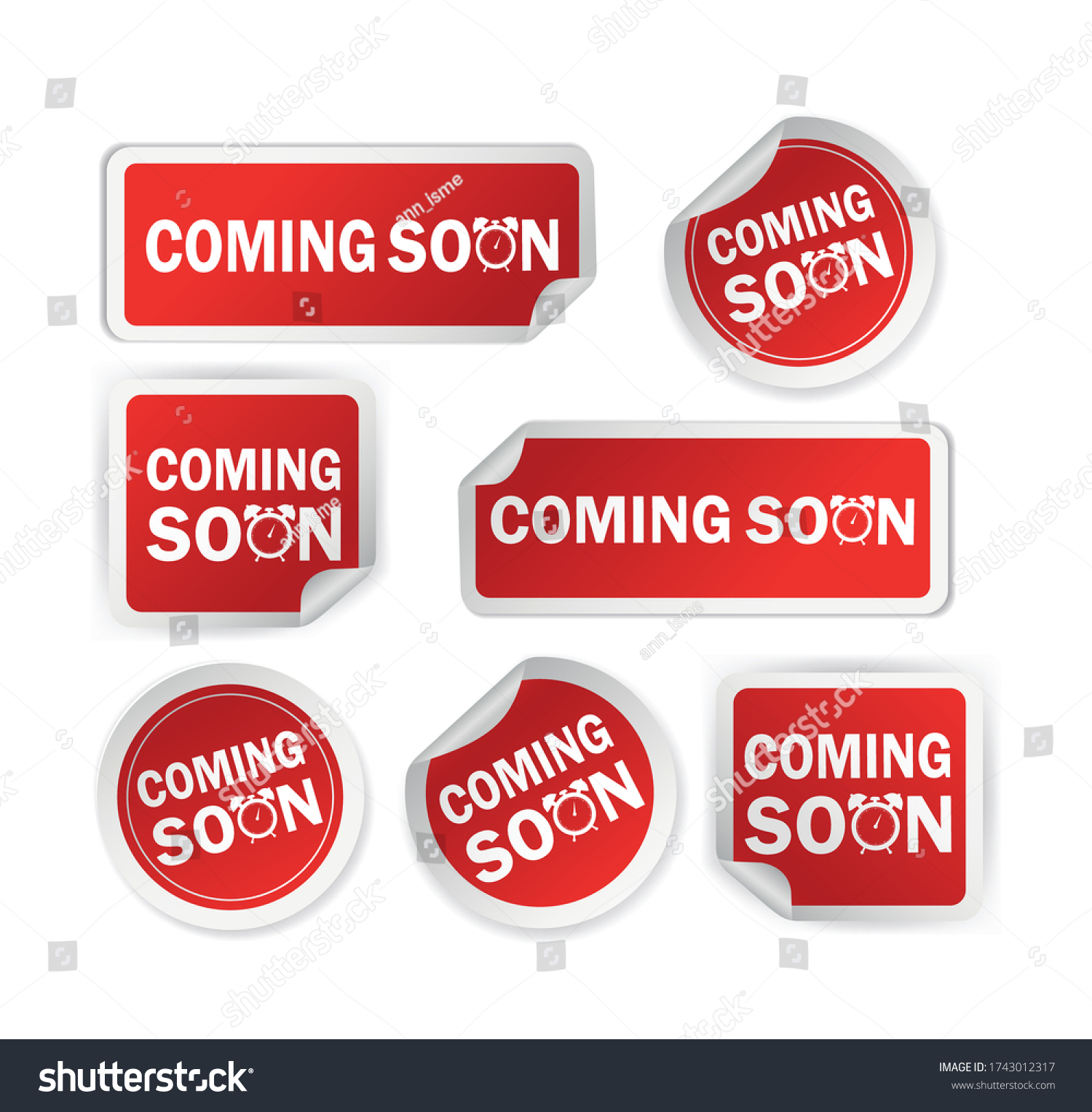Red coming soon sticker on white background for promotion design. Vintage label. Round button. Vector icon. #1743012317