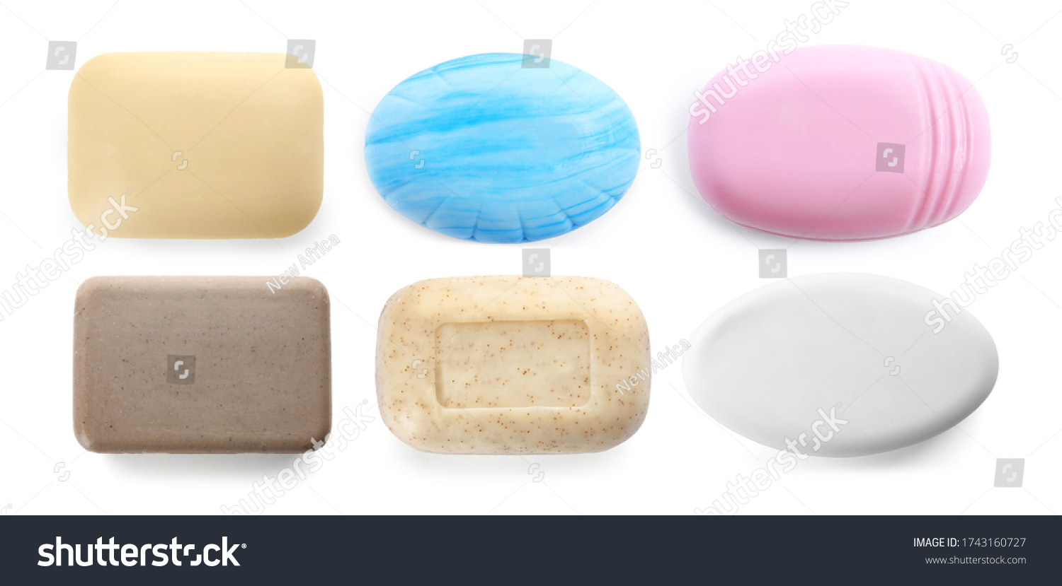 Set of different soap bars on white background, top view #1743160727