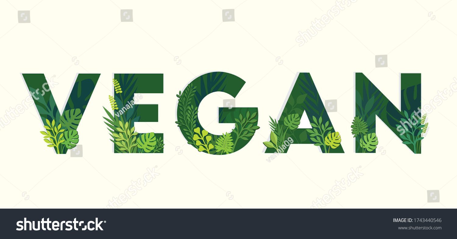 Vegan food typography with paper cut illustration of leaves and plants, can be used for advertising, posters, events, brochure, leaflet, website and photography purpose. #1743440546