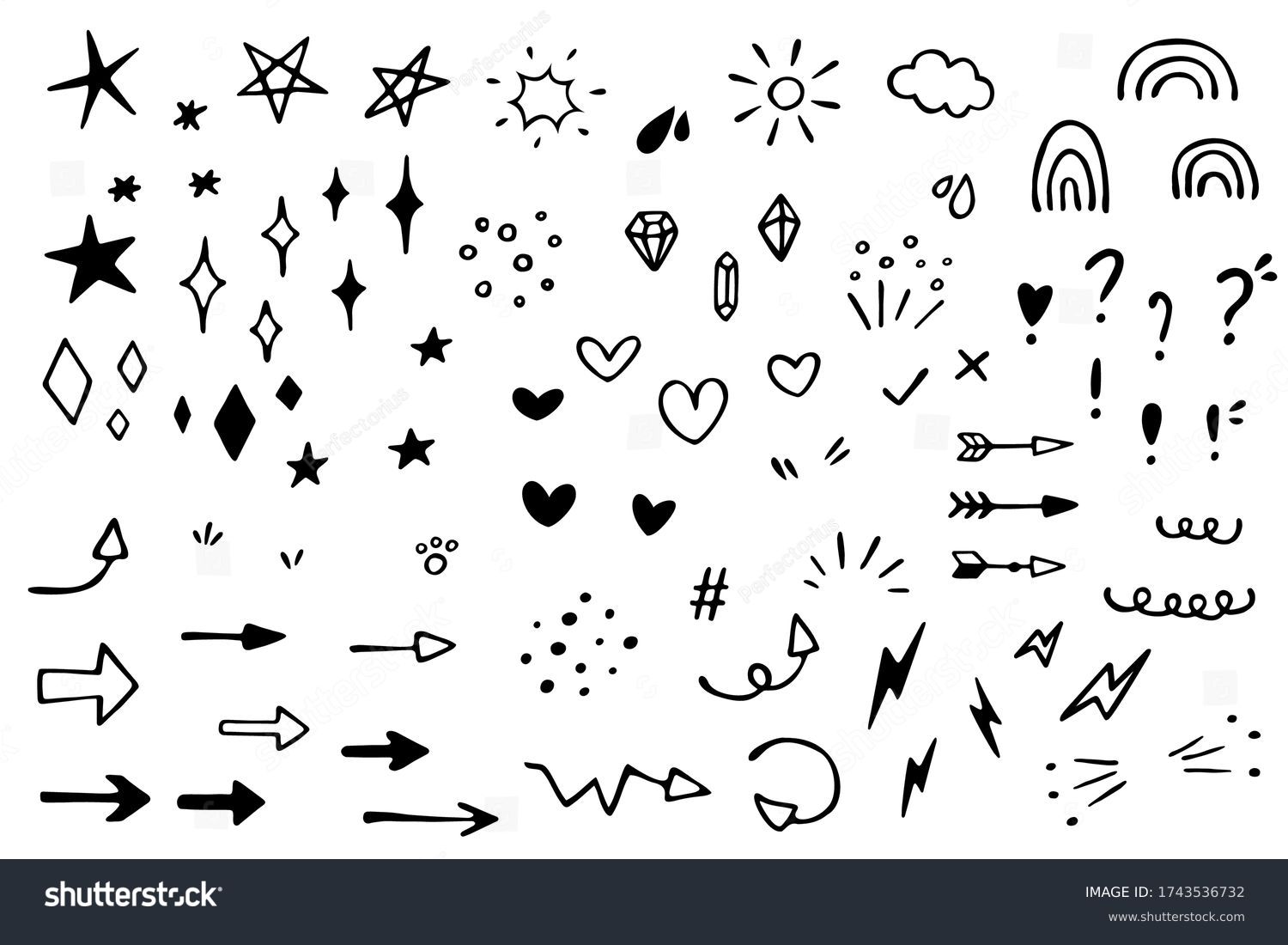 Vector set of different stars, sparkles, arrows, hearts, diamonds, signs and symbols. Hand drawn, doodle elements isolated on white background #1743536732