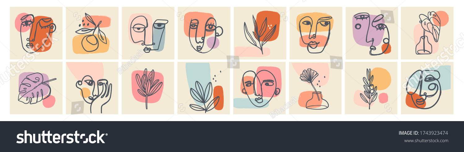 Big Set of Various Faces, Leaves, Flowers, abstract shapes. Ink painting style. Contemporary Hand drawn Vector illustrations. Continuous line, minimalistic elegant concept. All elements are isolated #1743923474
