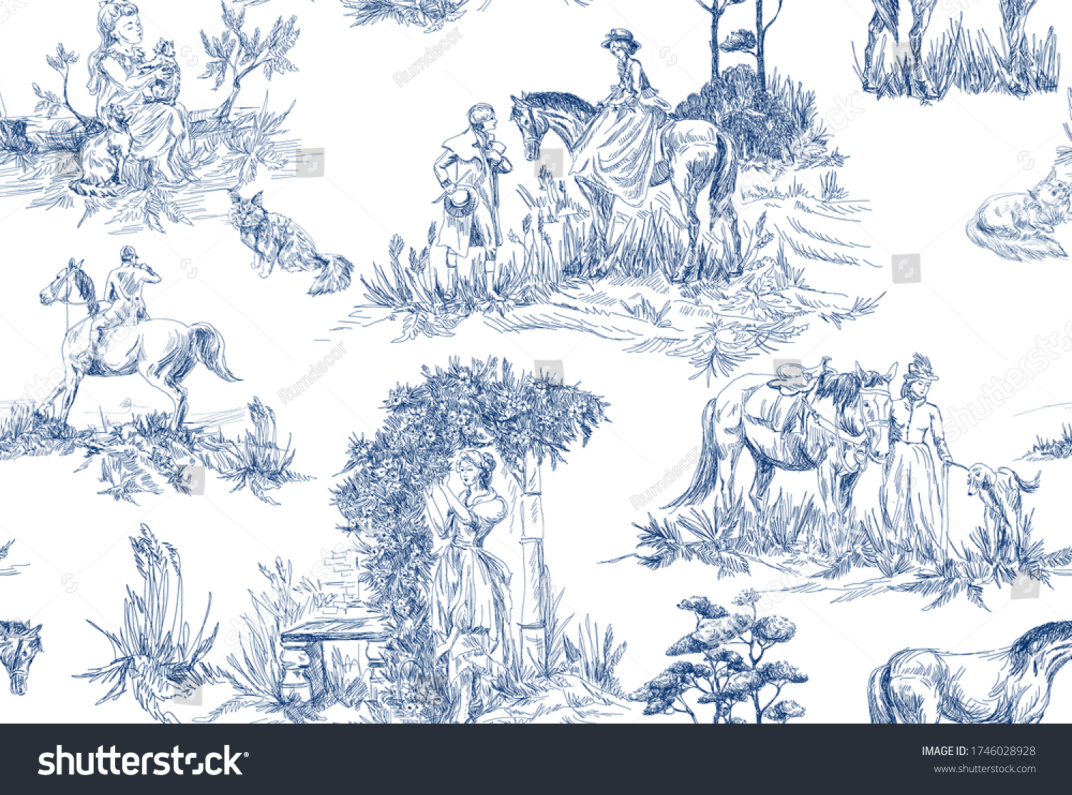 Pattern with landscapes with old , countryside and  people with horses, trees, woman with flowers in blue and white color in toile de jouy style #1746028928