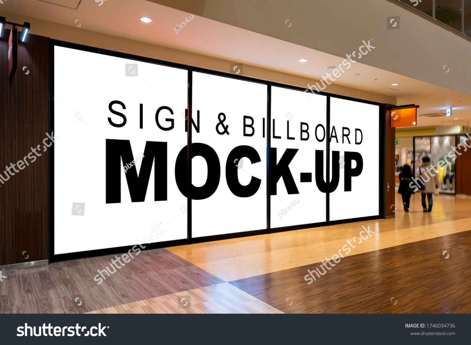Mock up blank large billboard with clipping path on glassy showcase window in shopping mall interior. empty space for insert advertising graphic design  #1746034736